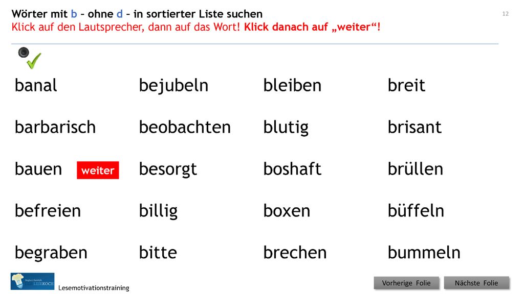 Wörter mit b – ohne d – in sortierter Liste suchen