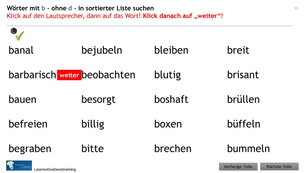 Wörter mit b – ohne d – in sortierter Liste suchen
