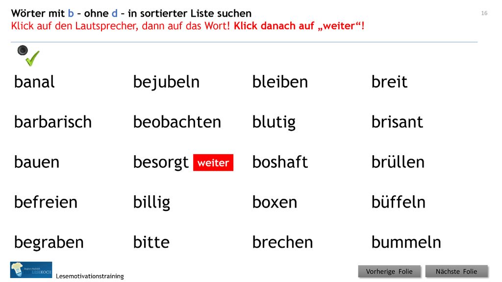Wörter mit b – ohne d – in sortierter Liste suchen