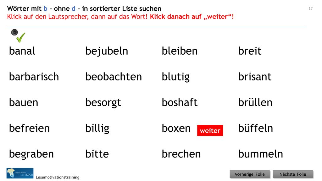 Wörter mit b – ohne d – in sortierter Liste suchen