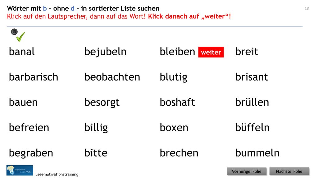 Wörter mit b – ohne d – in sortierter Liste suchen