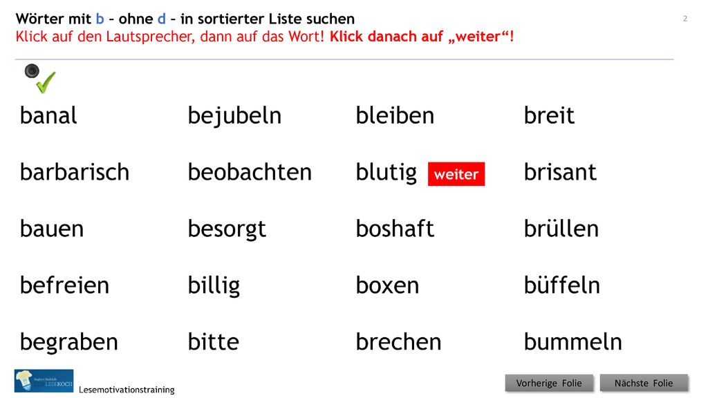 Wörter mit b – ohne d – in sortierter Liste suchen