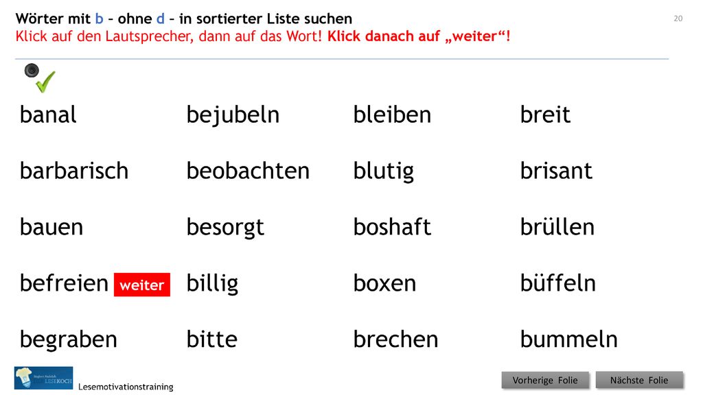 Wörter mit b – ohne d – in sortierter Liste suchen