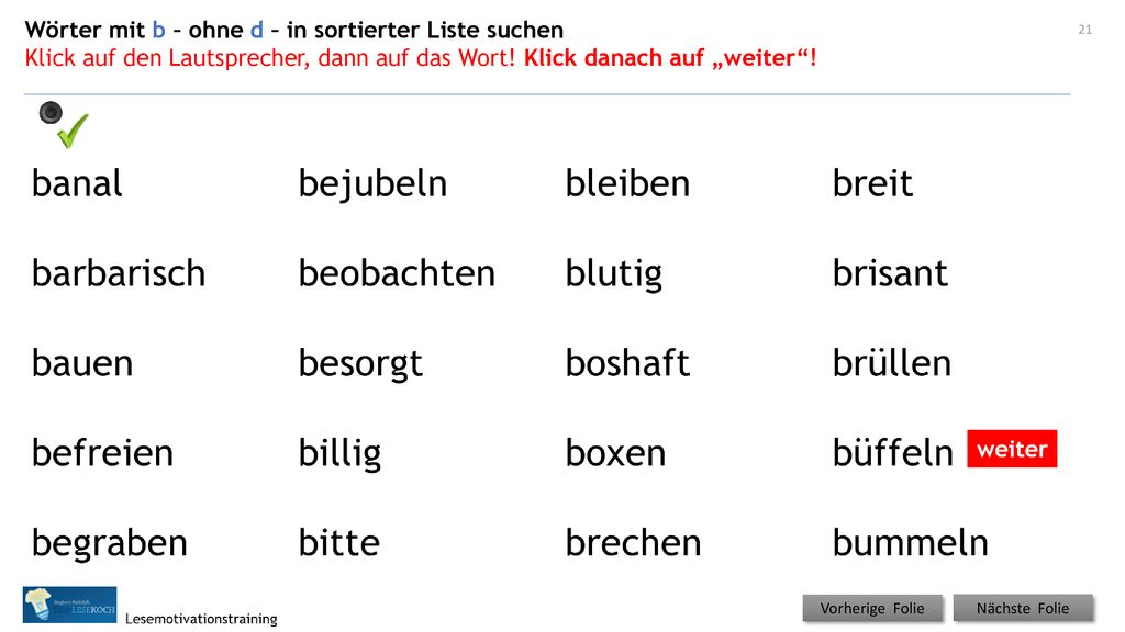 Wörter mit b – ohne d – in sortierter Liste suchen