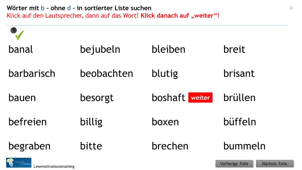 Wörter mit b – ohne d – in sortierter Liste suchen