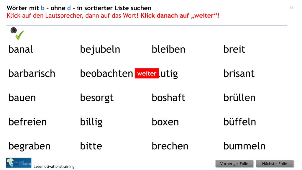 Wörter mit b – ohne d – in sortierter Liste suchen