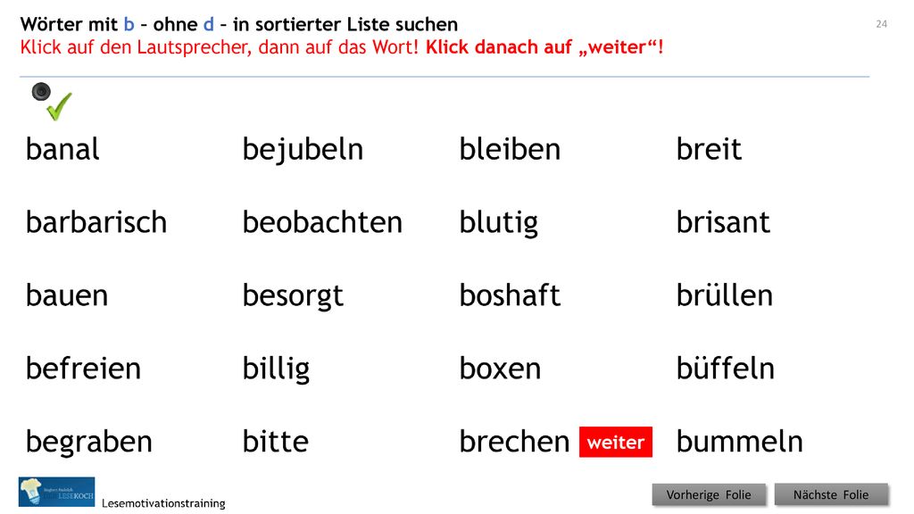 Wörter mit b – ohne d – in sortierter Liste suchen