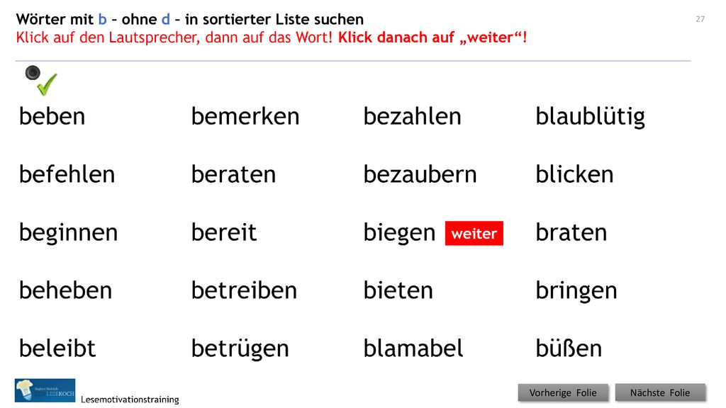 Wörter mit b – ohne d – in sortierter Liste suchen