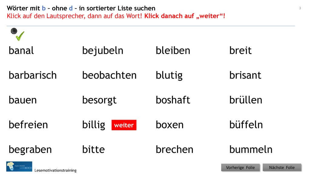 Wörter mit b – ohne d – in sortierter Liste suchen