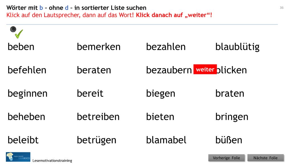 Wörter mit b – ohne d – in sortierter Liste suchen