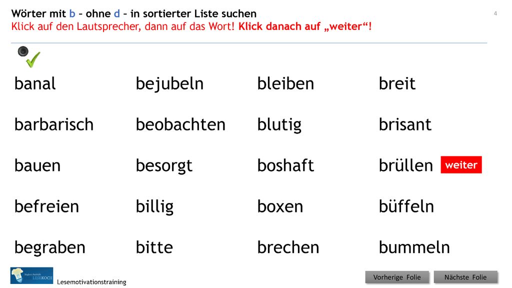 Wörter mit b – ohne d – in sortierter Liste suchen