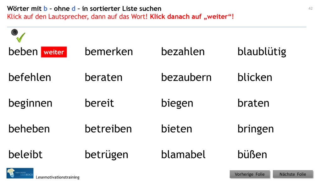 Wörter mit b – ohne d – in sortierter Liste suchen