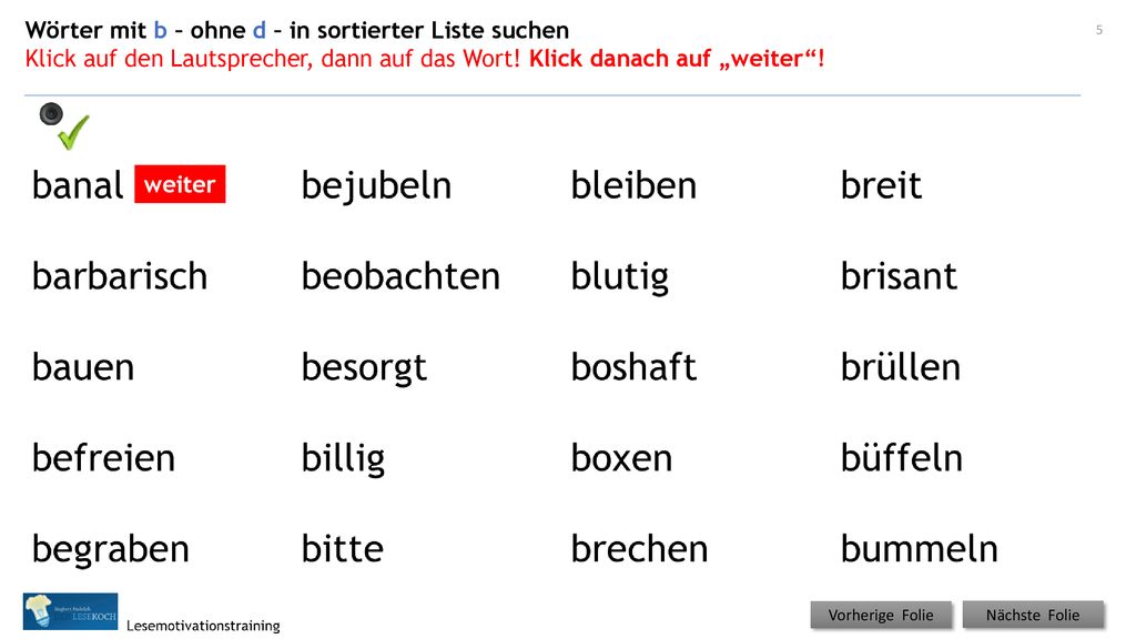 Wörter mit b – ohne d – in sortierter Liste suchen