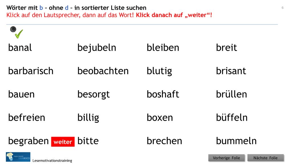 Wörter mit b – ohne d – in sortierter Liste suchen