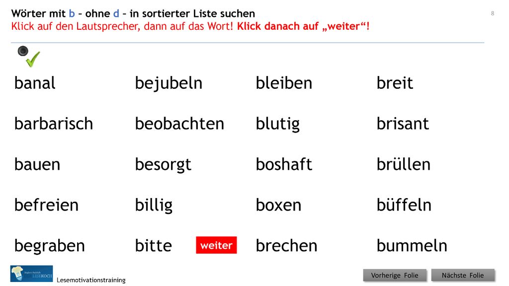 Wörter mit b – ohne d – in sortierter Liste suchen