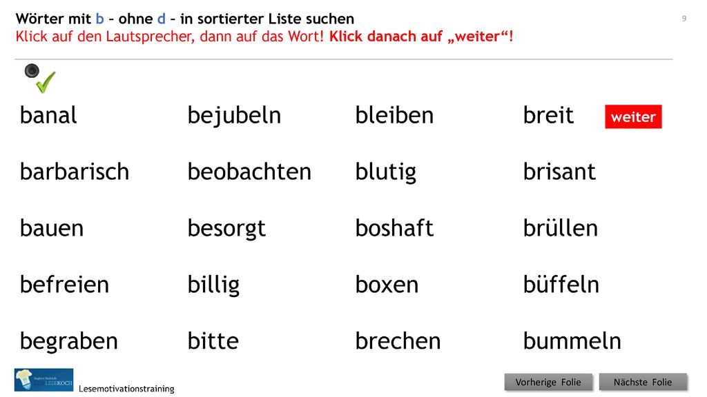 Wörter mit b – ohne d – in sortierter Liste suchen