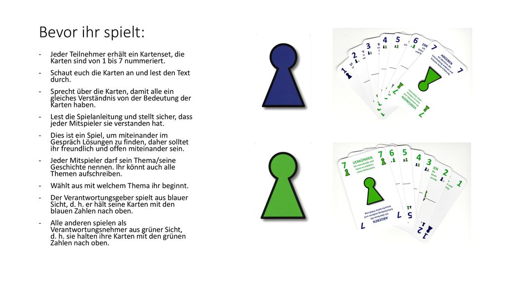Bevor ihr spielt: Jeder Teilnehmer erhält ein Kartenset, die Karten sind von 1 bis 7 nummeriert.