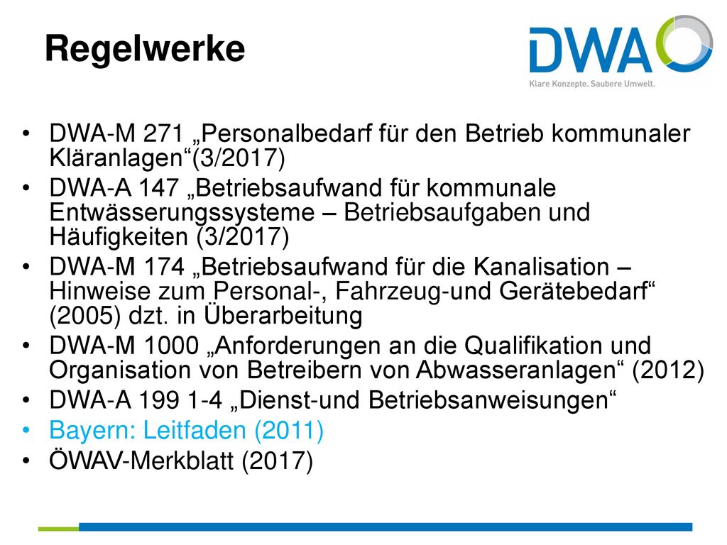 Regelwerke DWA-M 271 „Personalbedarf für den Betrieb kommunaler Kläranlagen (3/2017)