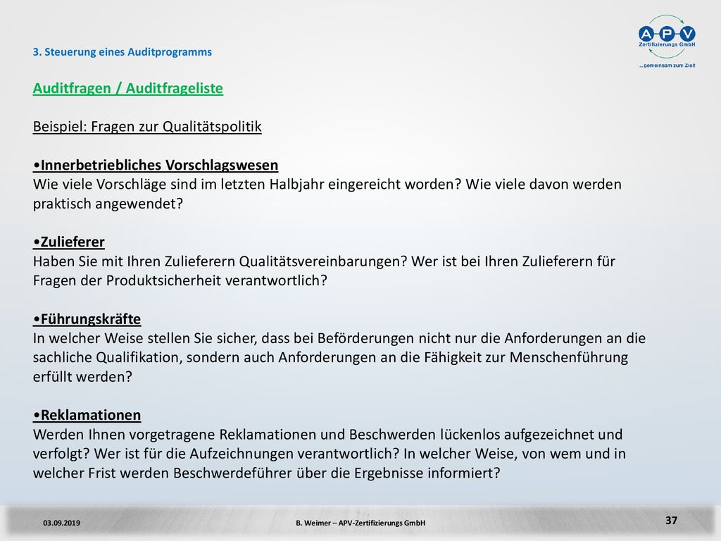 Auditfragen / Auditfrageliste Beispiel: Fragen zur Qualitätspolitik