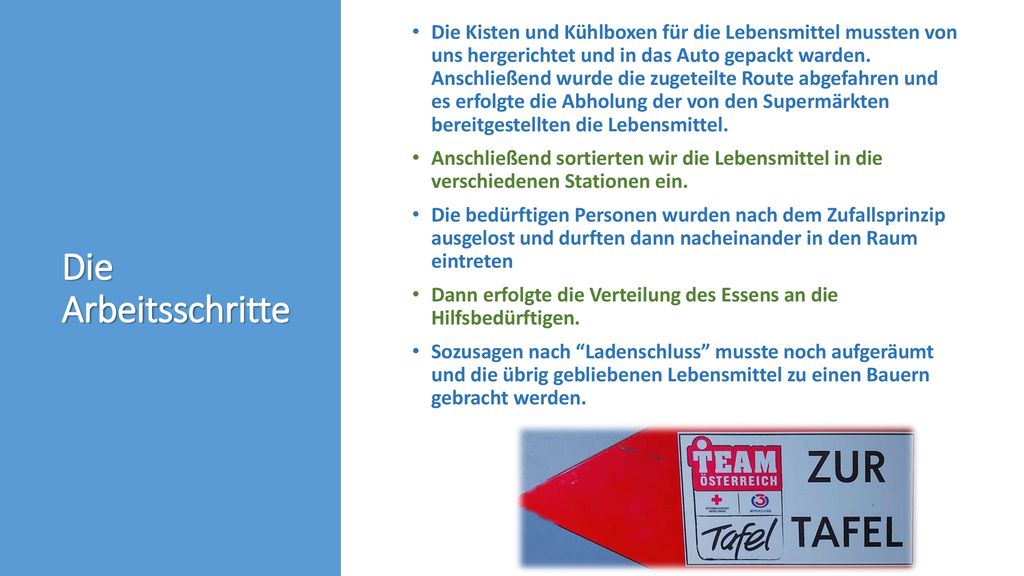 Die Kisten und Kühlboxen für die Lebensmittel mussten von uns hergerichtet und in das Auto gepackt warden. Anschließend wurde die zugeteilte Route abgefahren und es erfolgte die Abholung der von den Supermärkten bereitgestellten die Lebensmittel.