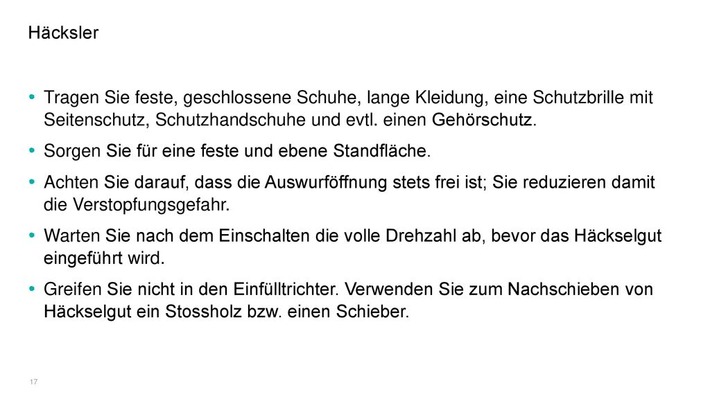 Häcksler Tragen Sie feste, geschlossene Schuhe, lange Kleidung, eine Schutzbrille mit Seitenschutz, Schutzhandschuhe und evtl. einen Gehörschutz.