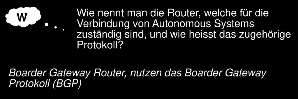 W Wie nennt man die Router, welche für die Verbindung von Autonomous Systems zuständig sind, und wie heisst das zugehörige Protokoll