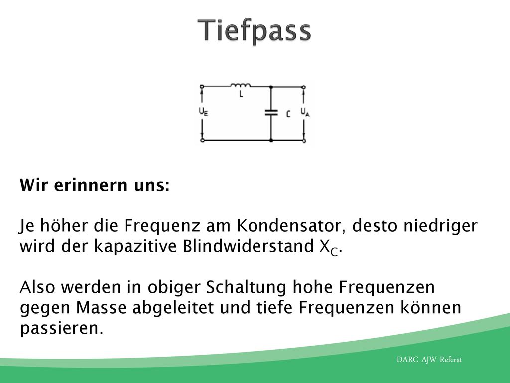 Tiefpass Wir erinnern uns: Je höher die Frequenz am Kondensator, desto niedriger wird der kapazitive Blindwiderstand XC.