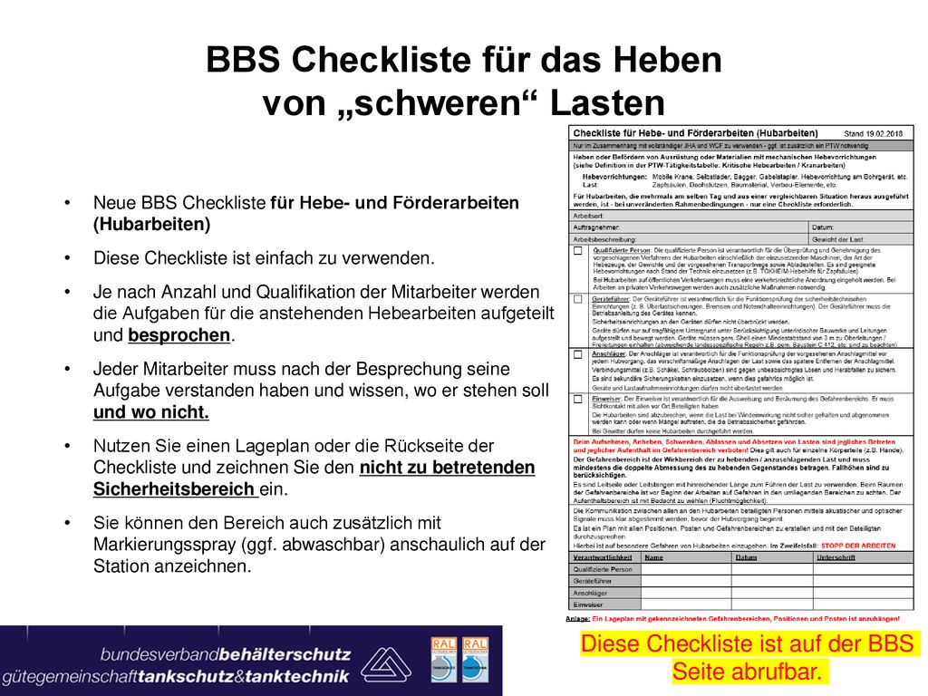 BBS Checkliste für das Heben von „schweren Lasten