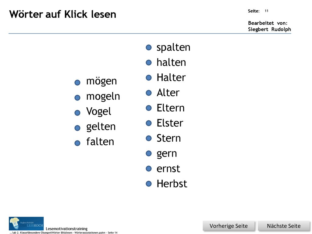 Wörter auf Klick lesen spalten halten Halter mögen Alter mogeln Eltern