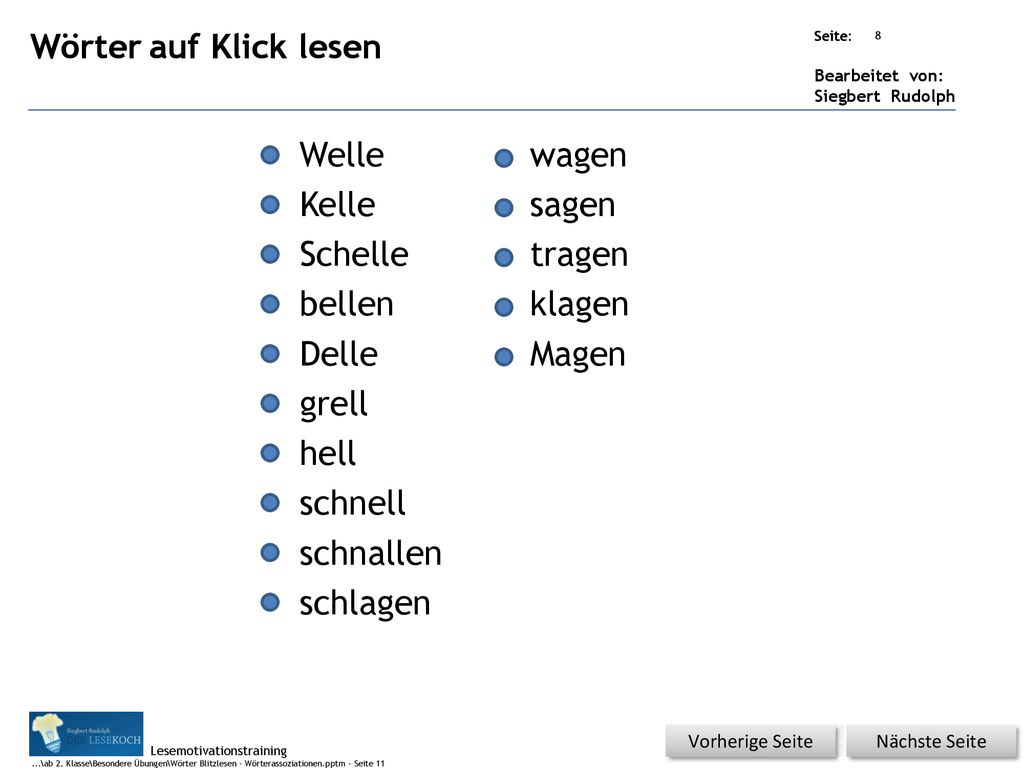 Wörter auf Klick lesen Welle wagen Kelle sagen Schelle tragen bellen