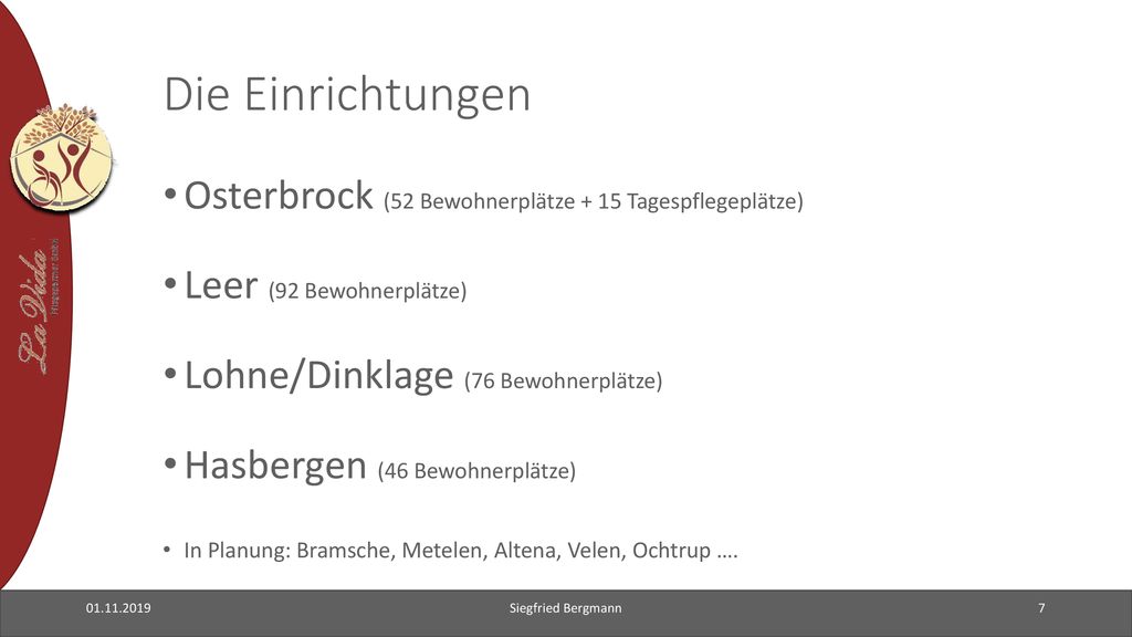 Die Einrichtungen Osterbrock (52 Bewohnerplätze + 15 Tagespflegeplätze) Leer (92 Bewohnerplätze) Lohne/Dinklage (76 Bewohnerplätze)