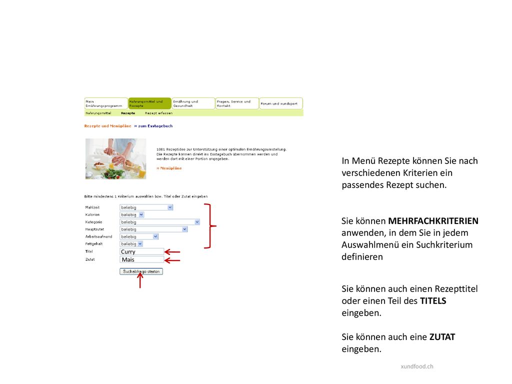 Sie können auch einen Rezepttitel oder einen Teil des TITELS eingeben.