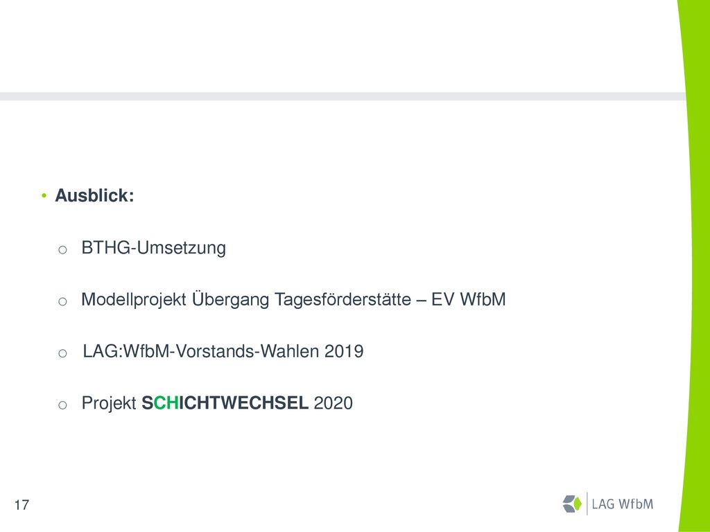Ausblick: BTHG-Umsetzung. Modellprojekt Übergang Tagesförderstätte – EV WfbM. LAG:WfbM-Vorstands-Wahlen