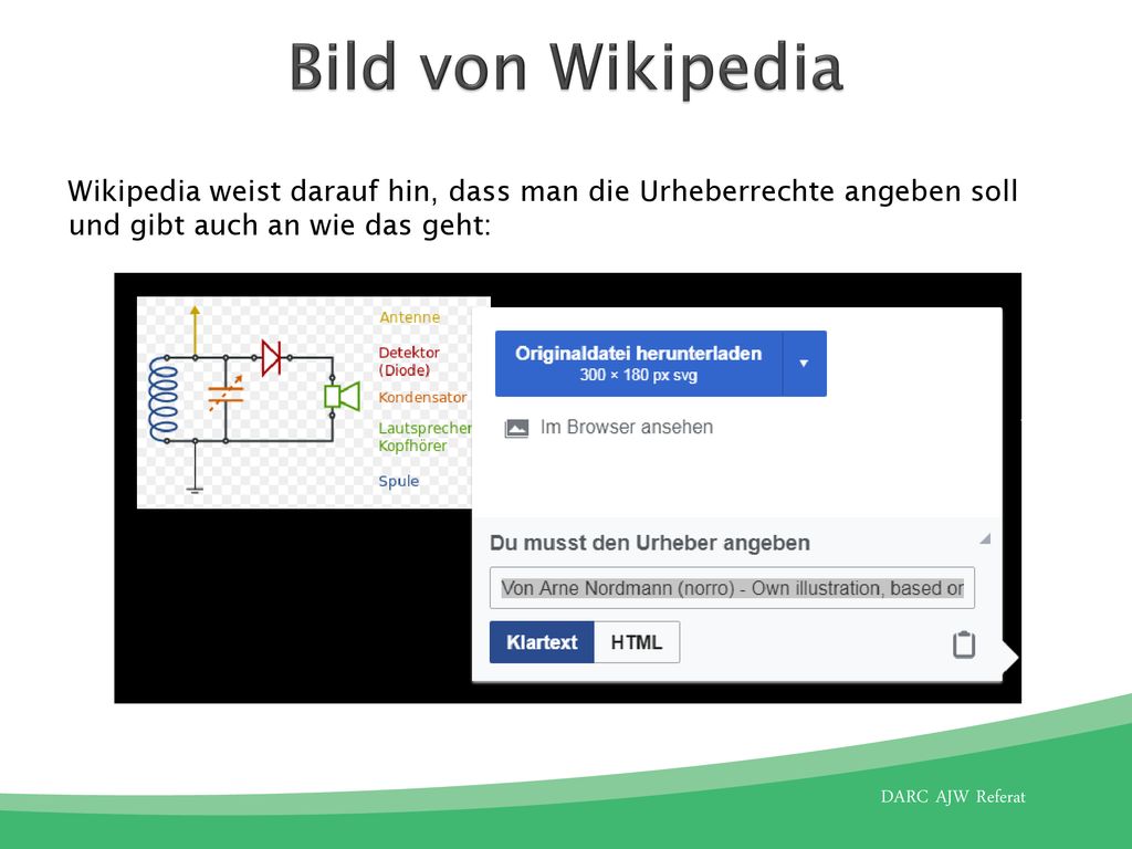 Bild von Wikipedia Wikipedia weist darauf hin, dass man die Urheberrechte angeben soll und gibt auch an wie das geht: