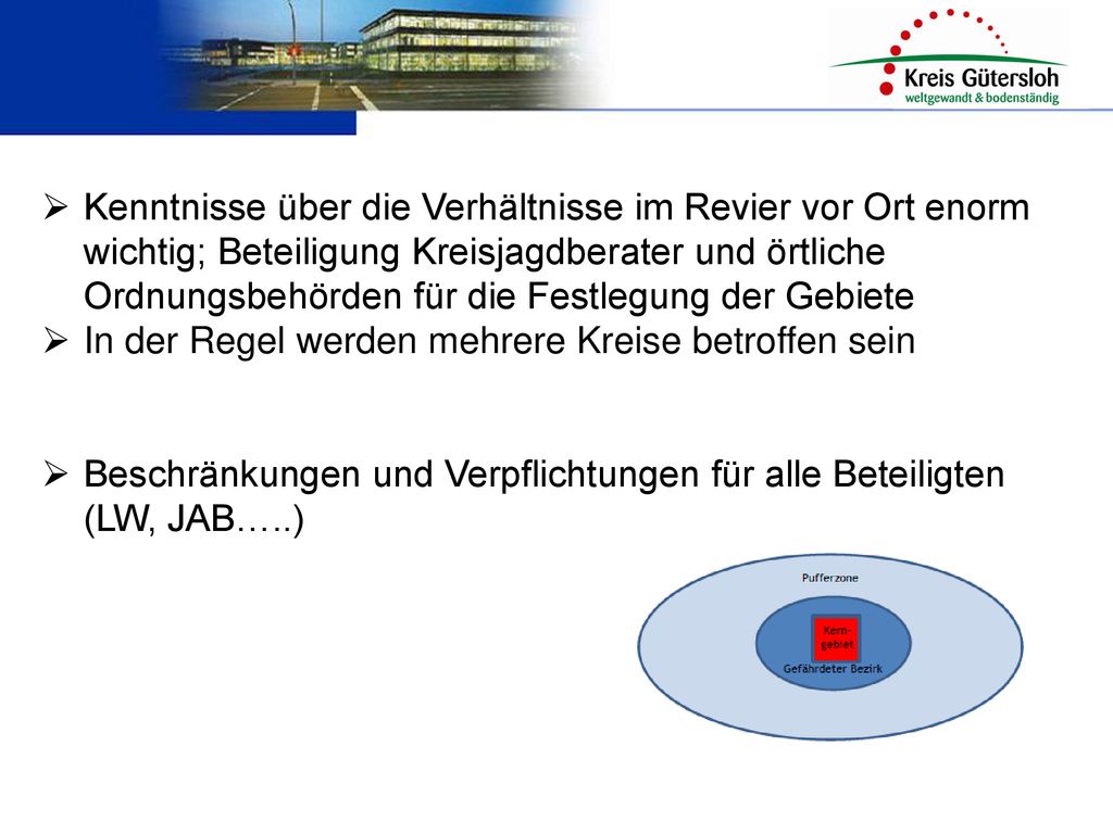 Kenntnisse über die Verhältnisse im Revier vor Ort enorm wichtig; Beteiligung Kreisjagdberater und örtliche Ordnungsbehörden für die Festlegung der Gebiete