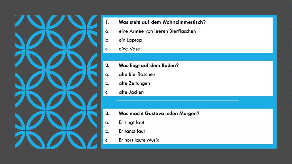 1. Was steht auf dem Wohnzimmertisch a. eine Armee von leeren Bierflaschen. b. ein Laptop. c.