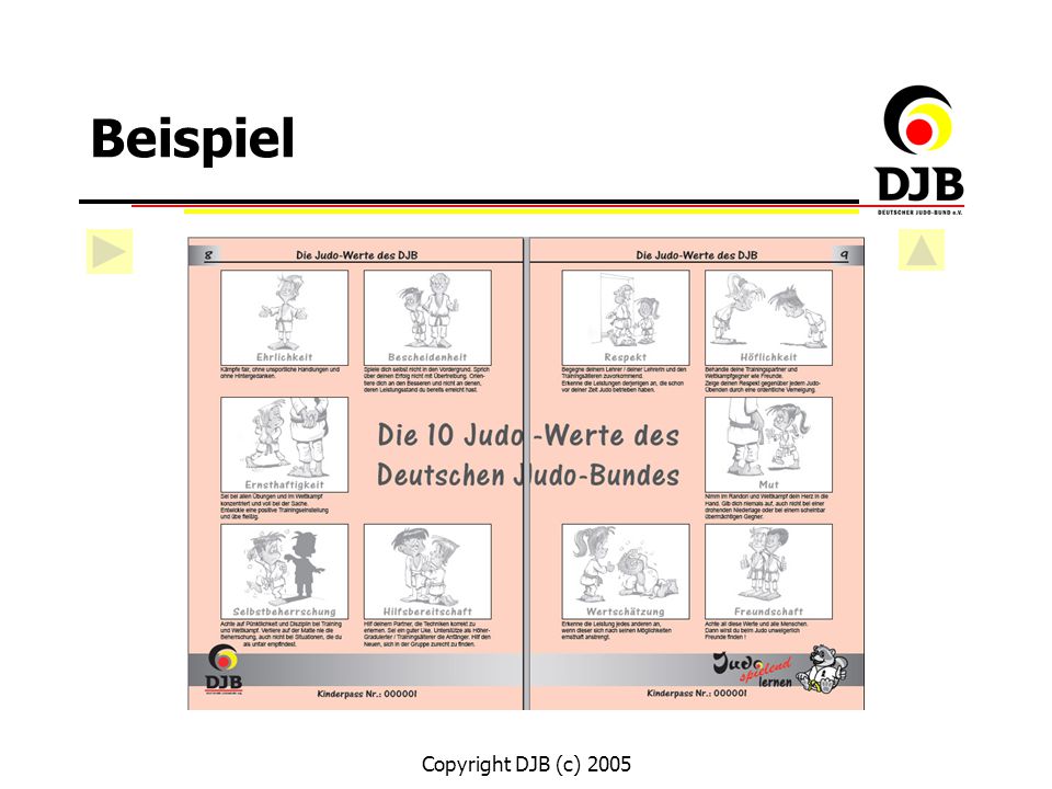 Beispiel Pfeil-Button links führt zurück zu Stickerbogen. Pfeil-Button rechts führt zurück zur Inhaltsübersicht des Kinderpass.