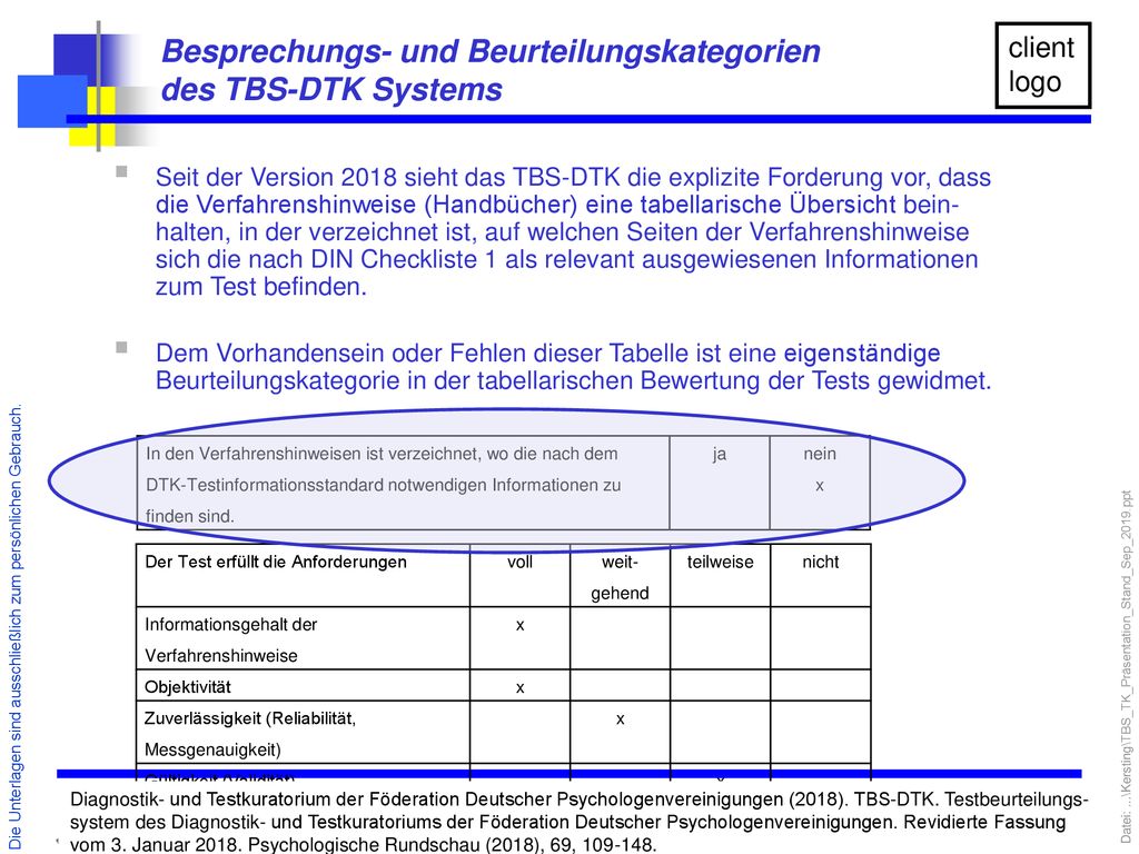 Besprechungs- und Beurteilungskategorien des TBS-DTK Systems