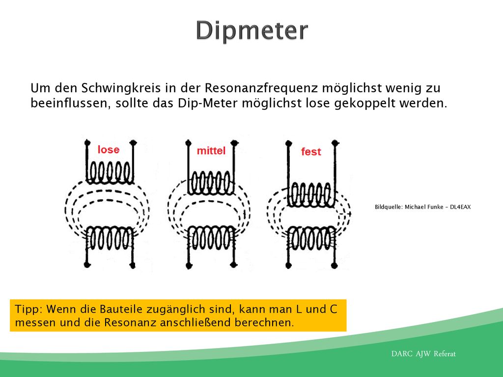 Dipmeter Um den Schwingkreis in der Resonanzfrequenz möglichst wenig zu beeinflussen, sollte das Dip-Meter möglichst lose gekoppelt werden.