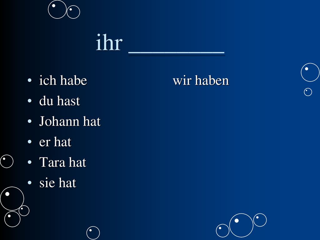 ihr ________ ich habe wir haben du hast Johann hat er hat Tara hat