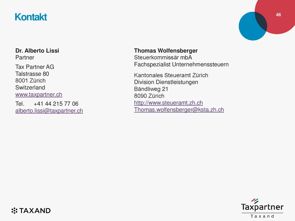 Kontakt Dr. Alberto Lissi Partner Tax Partner AG Talstrasse 80
