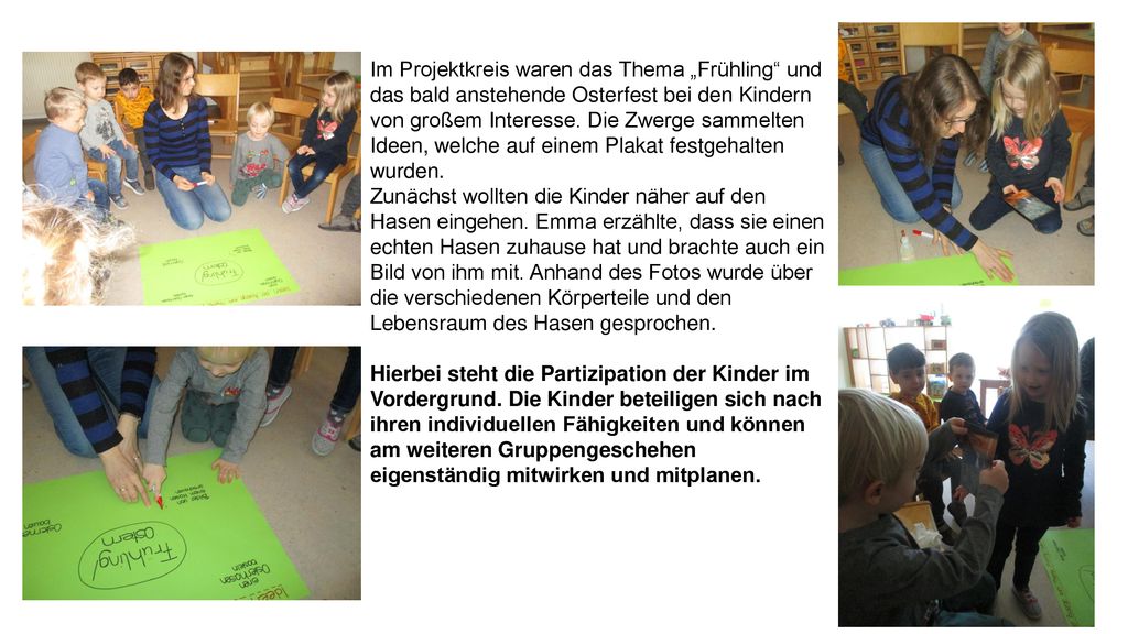 Im Projektkreis waren das Thema „Frühling und das bald anstehende Osterfest bei den Kindern von großem Interesse. Die Zwerge sammelten Ideen, welche auf einem Plakat festgehalten wurden.