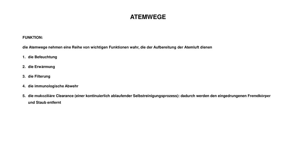 ATEMWEGE FUNKTION: die Atemwege nehmen eine Reihe von wichtigen Funktionen wahr, die der Aufbereitung der Atemluft dienen.