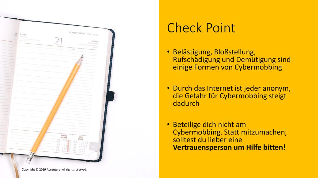Check Point Belästigung, Bloßstellung, Rufschädigung und Demütigung sind einige Formen von Cybermobbing.