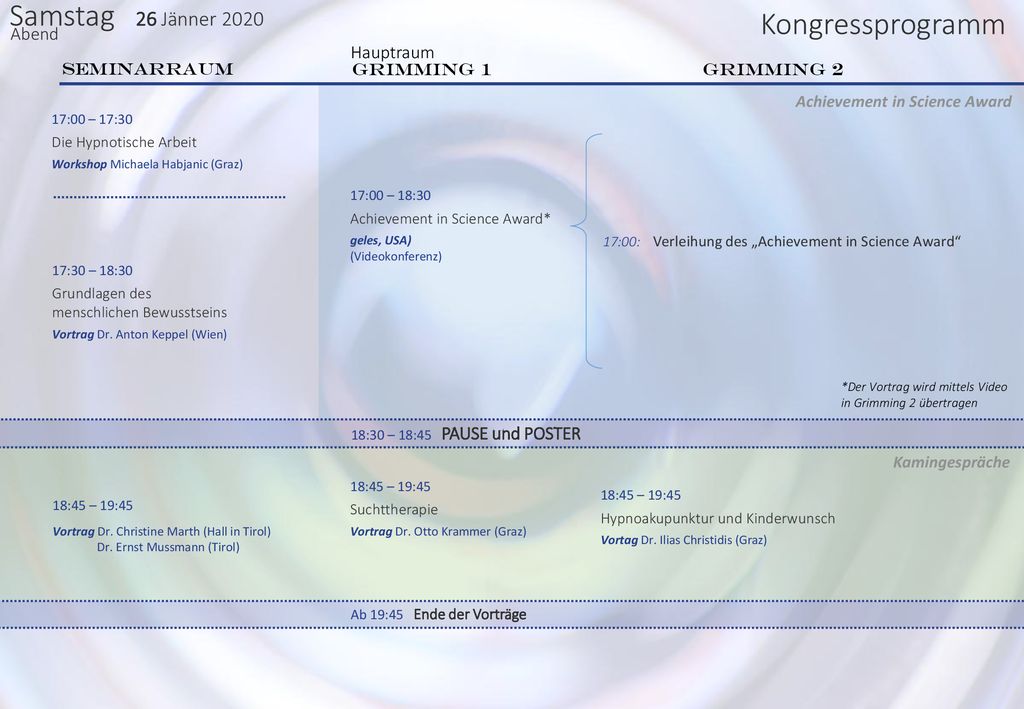 Samstag 26 Jänner 2020 Kongressprogramm Abend Hauptraum