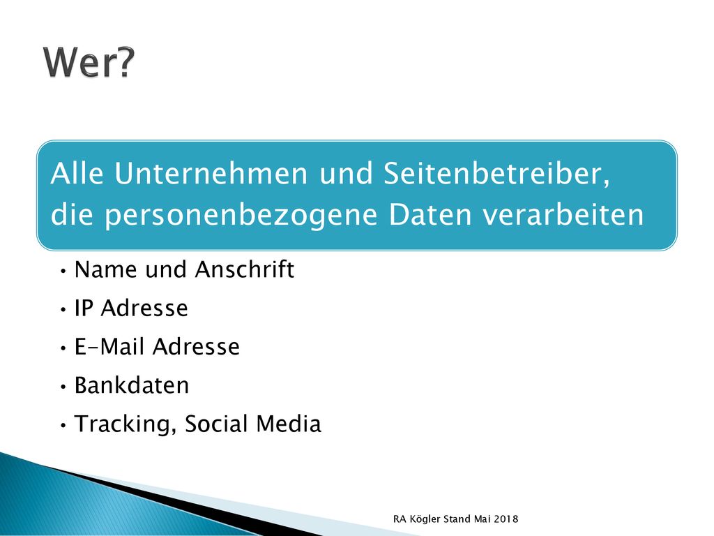 Wer Alle Unternehmen und Seitenbetreiber, die personenbezogene Daten verarbeiten. Name und Anschrift.