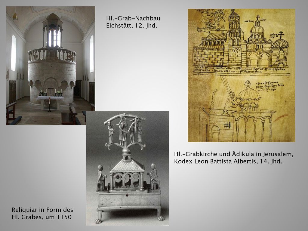 Hl.-Grab-Nachbau Eichstätt, 12. Jhd. Hl.-Grabkirche und Ädikula in Jerusalem, Kodex Leon Battista Albertis, 14. Jhd.