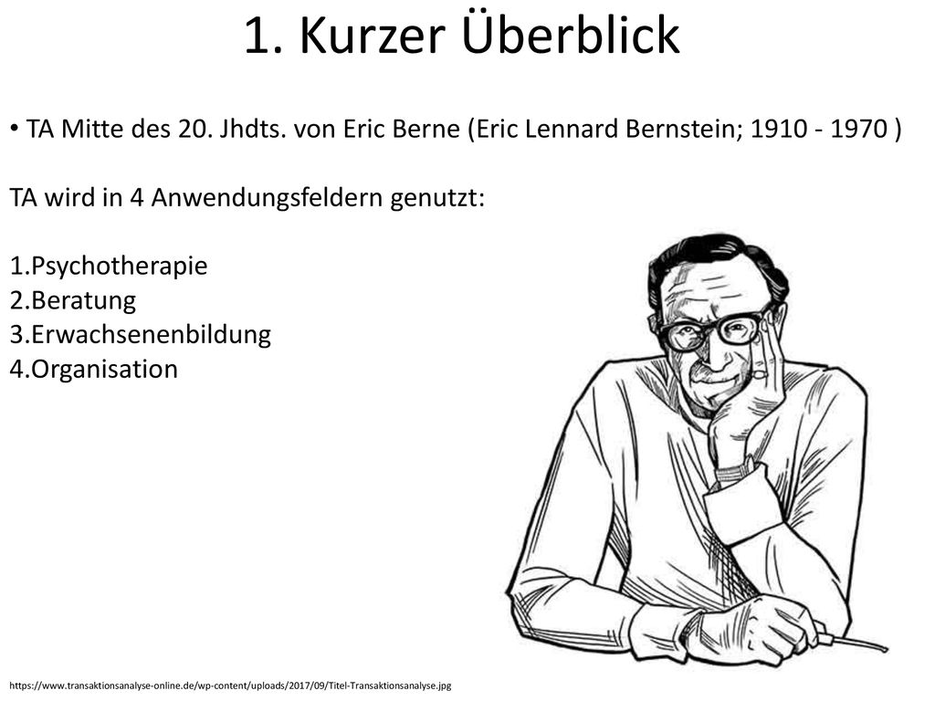 1. Kurzer Überblick TA Mitte des 20. Jhdts. von Eric Berne (Eric Lennard Bernstein; ) TA wird in 4 Anwendungsfeldern genutzt: