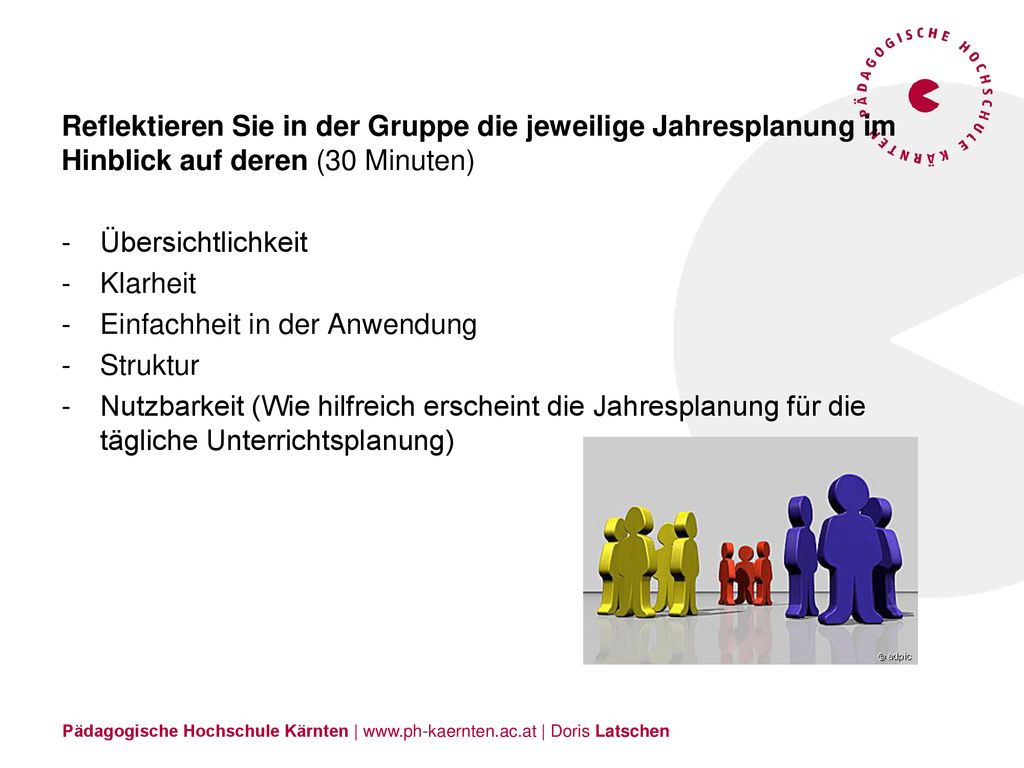 Reflektieren Sie in der Gruppe die jeweilige Jahresplanung im Hinblick auf deren (30 Minuten)