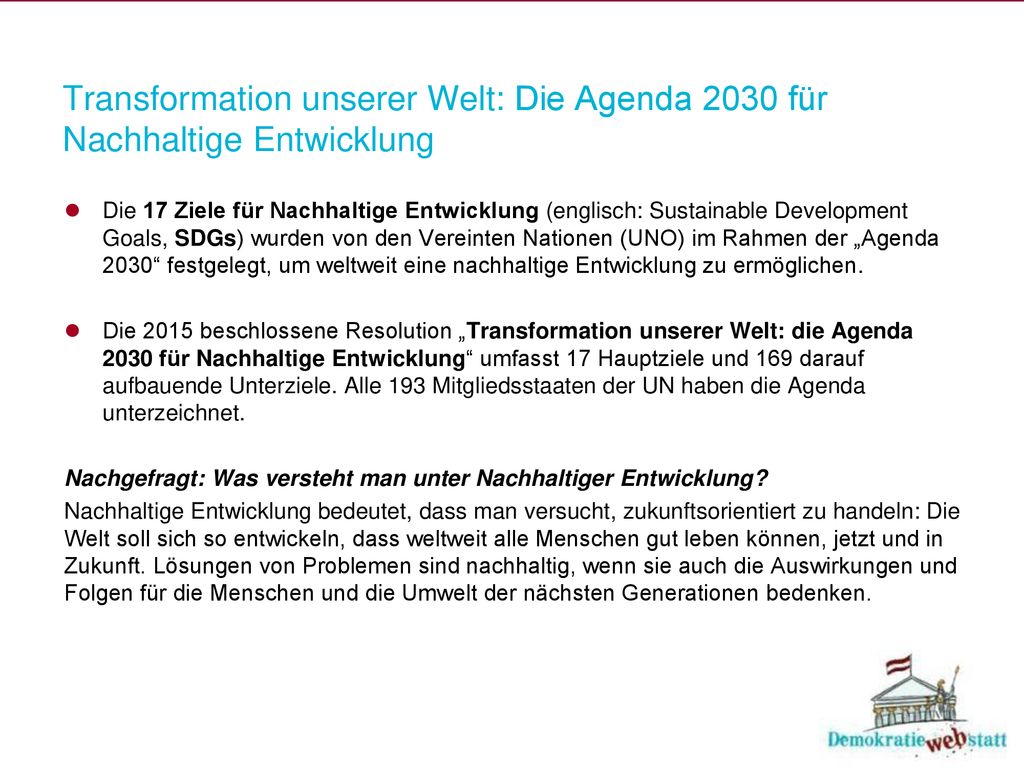 Transformation unserer Welt: Die Agenda 2030 für Nachhaltige Entwicklung